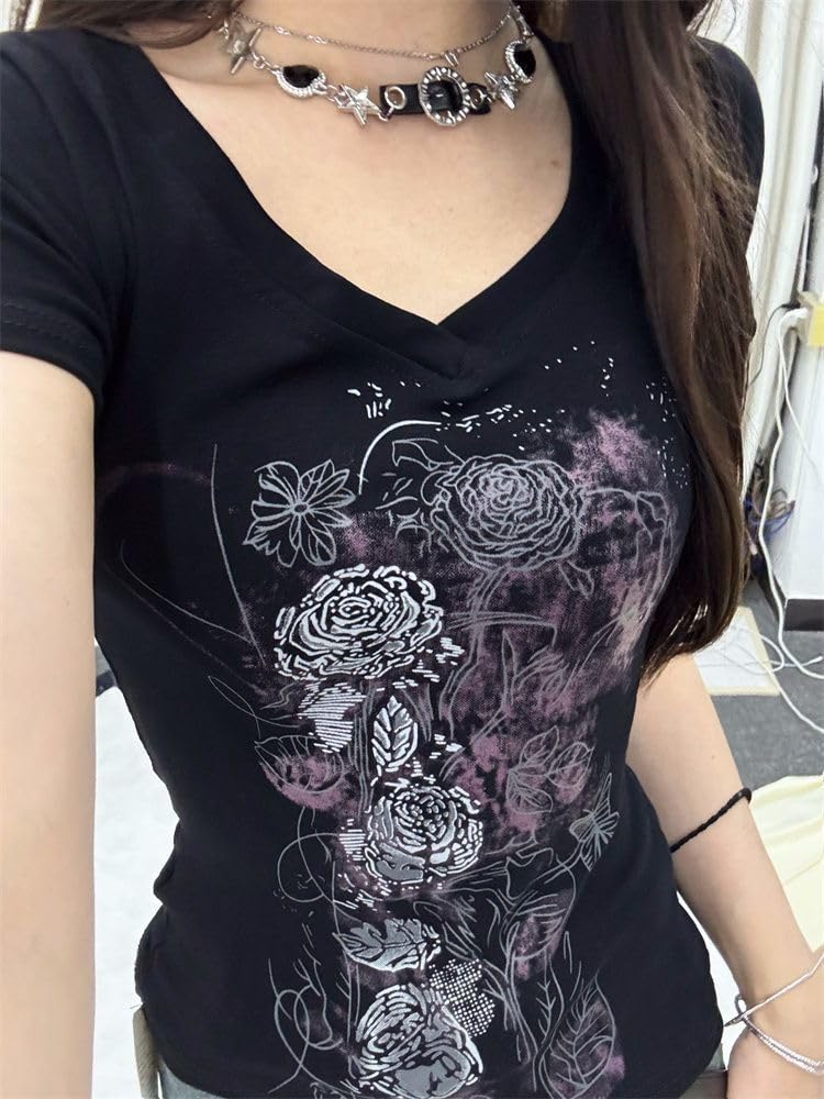 Dynict Womens Y2K Gothic Graphic V-Neck Slim Fit T-Shirt Grunge Vintage Short Sleeve Trendy Crop Tops (Black4,Small) - Image 1