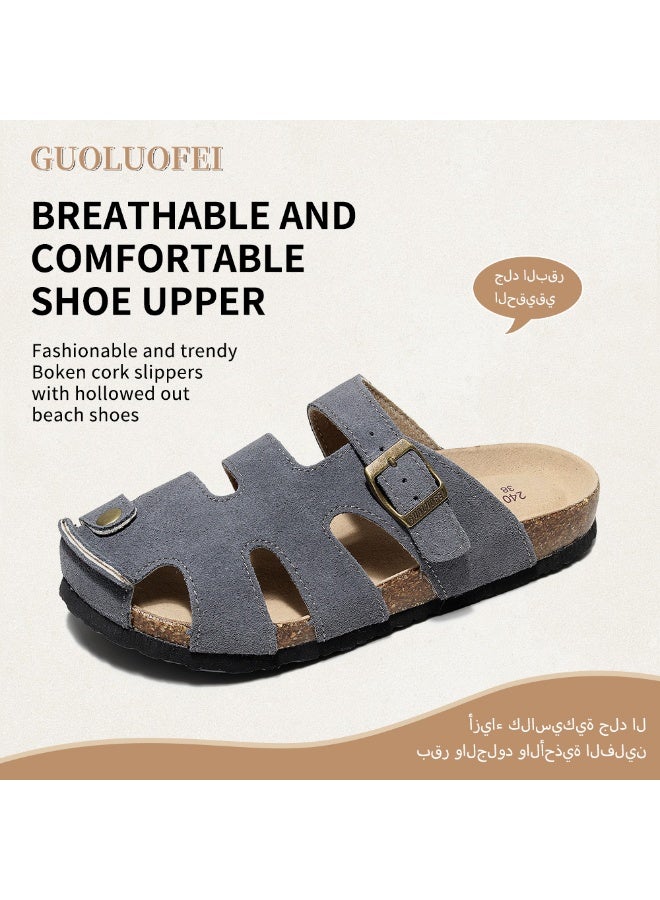 Men's Fisherman Clog – Suede Slip-On Cork Sandals with Adjustable Buckle & Contoured Cork Footbed Slippers Half-Slippers Over Sized - Image 1