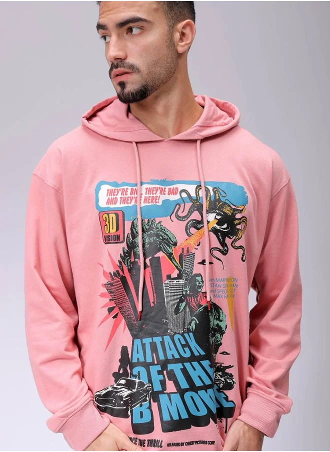 شركة المرآب الهندية Men Oversized Placement Print Overhead Hooded Sweatshirt