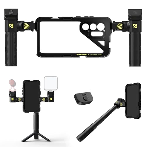 قفص Freewell Genius Rig لجهاز Samsung S25 Ultra مع إعداد بدون أدوات وحوامل ثلاثية القوائم ومونو بود مع تحكم عن بُعد بلوتوث وتركيبات مرنة للتصوير الاحترافي