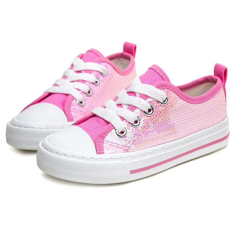 Toandon Girls Kids Sneakers Glitter Sequins Canvas Shoes Toddler Child Glitter Sparkle Low Top Lace Up Non Slip Lightweight Walking Outdoor Pink Size 11 - Image 1
