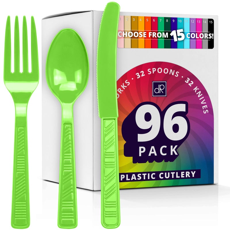 DecorRack Plastic Cutlery Set  Lime Green Colored Plastic Silverware Sets for Parties  96 Piece Bulk Heavy Duty Utensils (Lime Green  96 Pieces) - Image 1