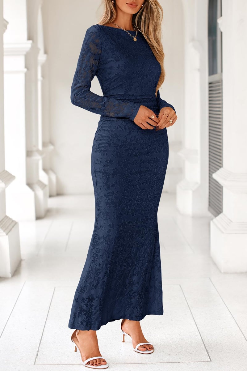 MITILLY Women's Formal Bodycon Maxi Dress Fall 2026 Long Sleeve Floral Tight Fitted Party Club Ruched Dresses Medium Dark Blue - Image 5