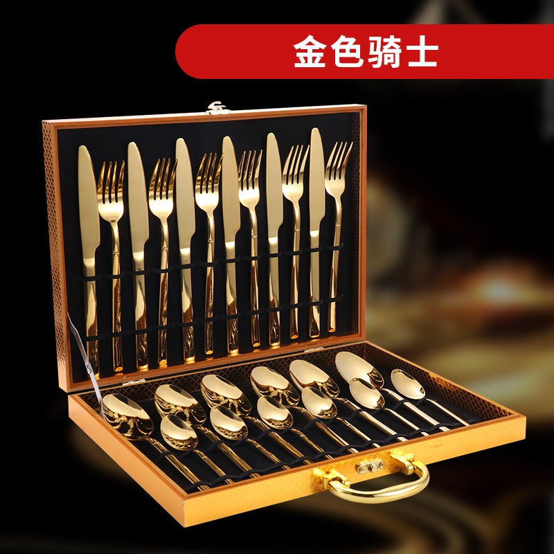 24-Piece Stainless Steel Western Dinnerware Set with Gold-Finish Storage Rack - Perfect Gift for Adults