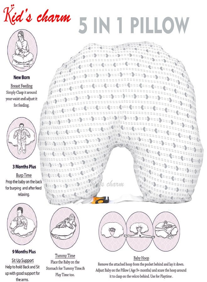 Kid's Charm Dotted-Heart 3 PCS Combo Set |3 in 1 Baby's Cotton Bed Cum Carry Bed|6 in 1 Baby's Cotton Feeding Pillow|2 in 1 Baby's Cotton Bed with Mosquito Net for 0-4 Months (Grey) - Image 5