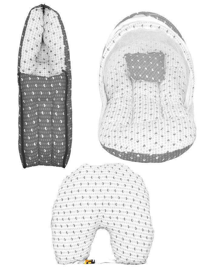 Kid's Charm Dotted-Heart 3 PCS Combo Set |3 in 1 Baby's Cotton Bed Cum Carry Bed|6 in 1 Baby's Cotton Feeding Pillow|2 in 1 Baby's Cotton Bed with Mosquito Net for 0-4 Months (Grey) - Image 1