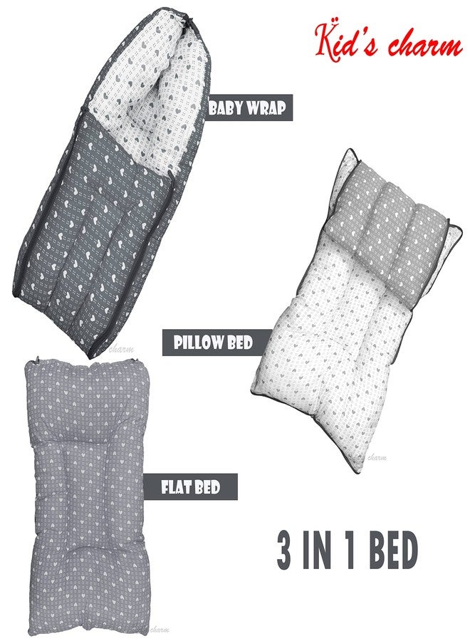 Kid's Charm Dotted-Heart 3 PCS Combo Set |3 in 1 Baby's Cotton Bed Cum Carry Bed|6 in 1 Baby's Cotton Feeding Pillow|2 in 1 Baby's Cotton Bed with Mosquito Net for 0-4 Months (Grey) - Image 2
