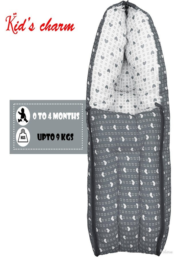 Kid's Charm Dotted-Heart 3 PCS Combo Set |3 in 1 Baby's Cotton Bed Cum Carry Bed|6 in 1 Baby's Cotton Feeding Pillow|2 in 1 Baby's Cotton Bed with Mosquito Net for 0-4 Months (Grey) - Image 4