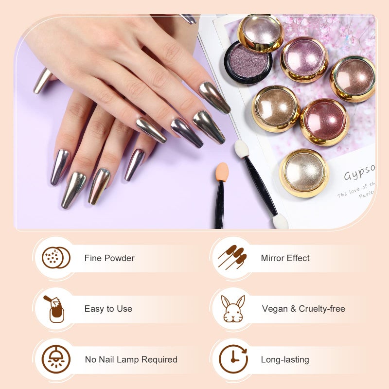 SAVILAND Chrome Nail Powder Set: 6 Colors Metallic Gold Chrome Nail Powder Mirror Effect Holographic Chameleon Pigment Chrome Powder for Gel Nails Manicure Nail Glitter Dust for Nail Art Decorations - Image 3