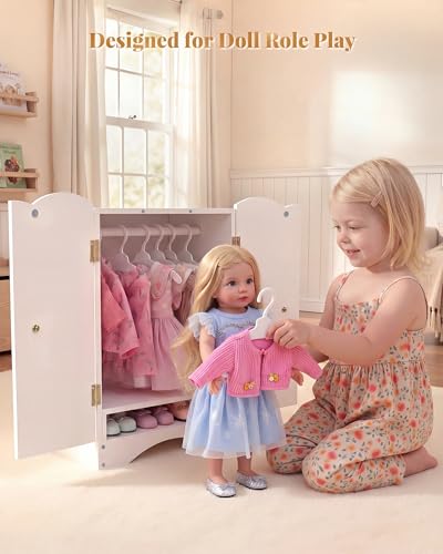 BABESIDE Wooden Baby Dolls Closet with 10 Hangers Shelf 1216 Inch Doll Wardrobe for Baby Doll Clothes Storage Magnetic Closure Easy Assembly Baby Doll Accessories Furniture - Image 5
