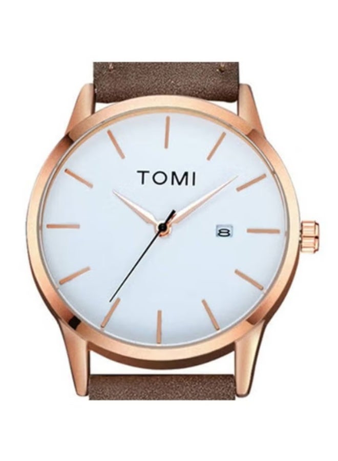 TOMI Analog Wrist Watch – Minimalist Rose Gold Case with Brown Leather Strap, Quartz Movement, Waterproof, Casual Business Dress Watch with Date Display - Image 2
