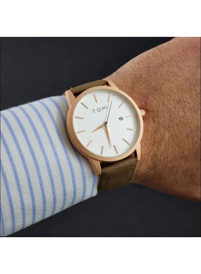 TOMI Analog Wrist Watch – Minimalist Rose Gold Case with Brown Leather Strap, Quartz Movement, Waterproof, Casual Business Dress Watch with Date Display - Image 4
