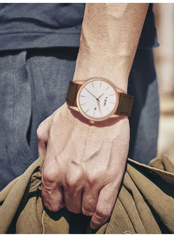 TOMI Analog Wrist Watch – Minimalist Rose Gold Case with Brown Leather Strap, Quartz Movement, Waterproof, Casual Business Dress Watch with Date Display - Image 3