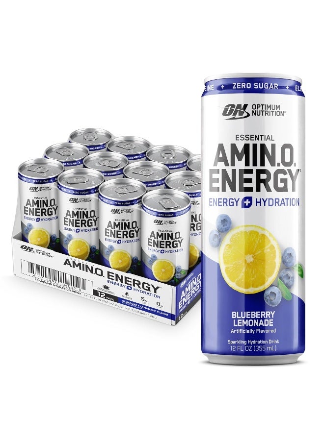 Optimum Nutrition Amino Energy Sparkling Hydration Drink, Electrolytes, Caffeine, Amino Acids, BCAAs, Sugar Free, Blueberry Lemonade, 12 Fl Oz, 12 Pack - Image 1