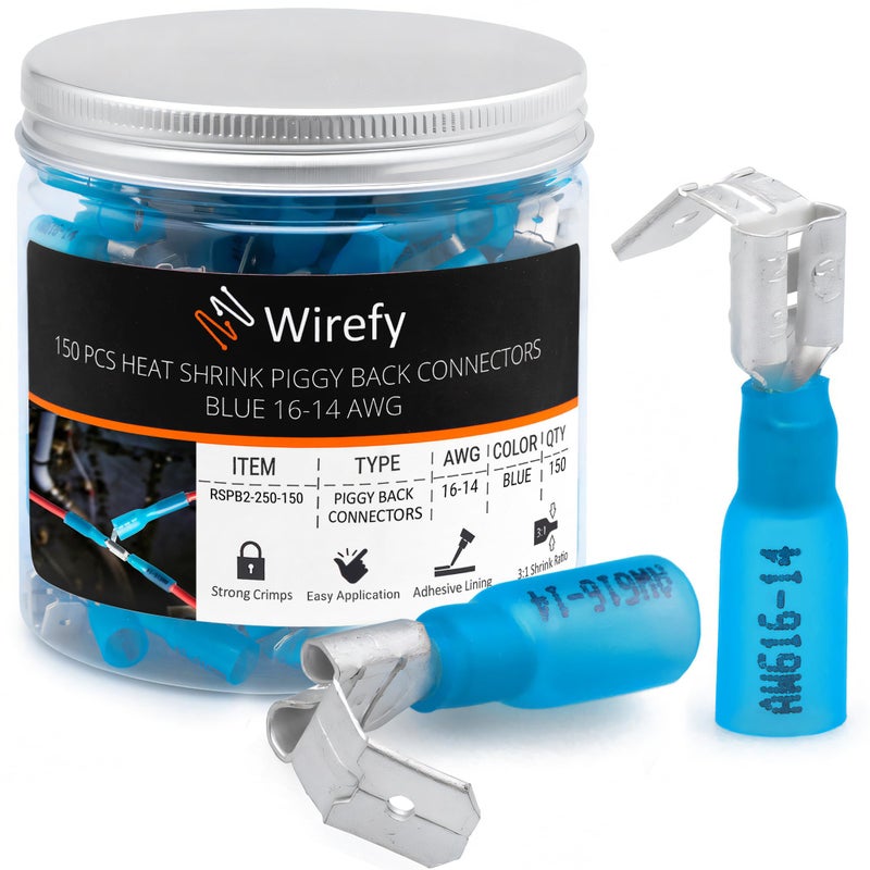 Wirefy Heat Shrink Piggyback Spade Connectors - 3 Way Wire Connectors - Double Spade Connectors - Quick Disconnect Piggyback Terminals - Blue 16-14 AWG 150 PCS - Image 1