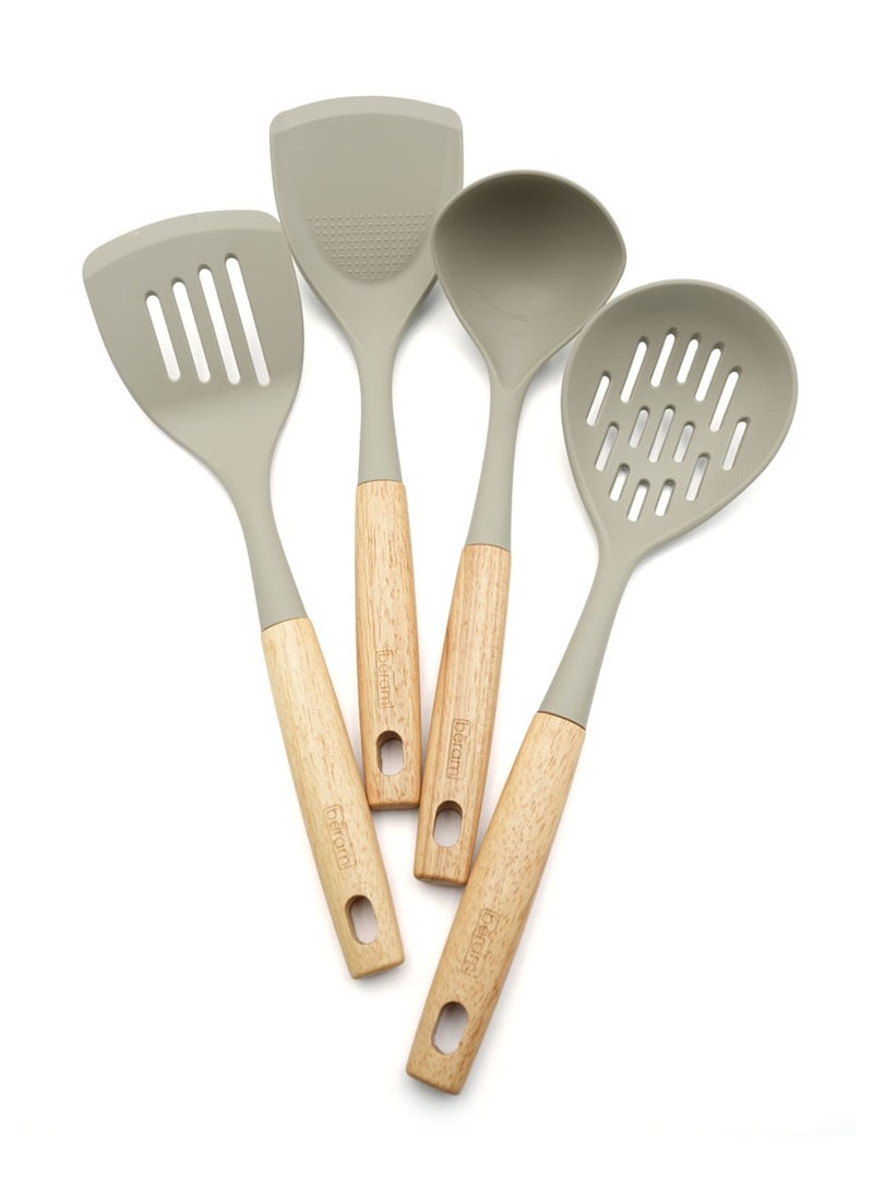 Beram Beram 4-Piece Silicone Kitchen Utensil Set with Natural Wooden Handles Heat Resistant, BPA Free, Non Stick Safe Cooking Tools Beige Colour - Image 1