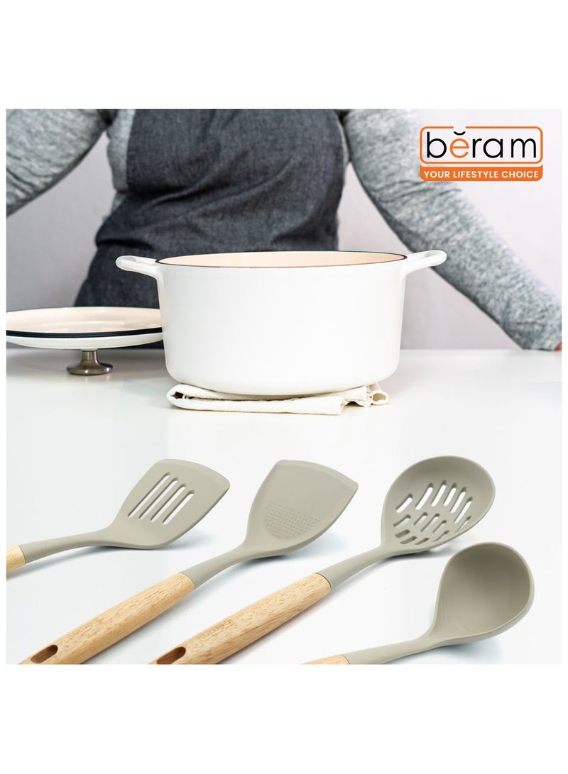Beram Beram 4-Piece Silicone Kitchen Utensil Set with Natural Wooden Handles Heat Resistant, BPA Free, Non Stick Safe Cooking Tools Beige Colour - Image 2