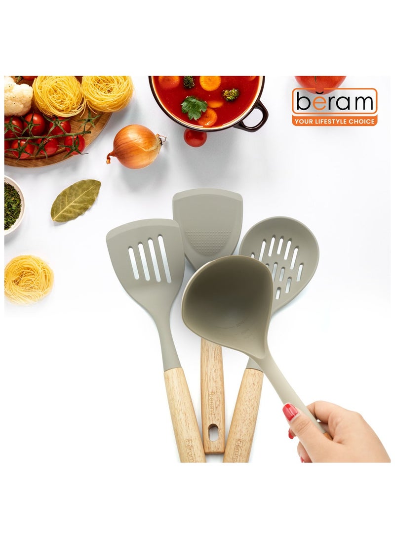 Beram Beram 4-Piece Silicone Kitchen Utensil Set with Natural Wooden Handles Heat Resistant, BPA Free, Non Stick Safe Cooking Tools Beige Colour - Image 3