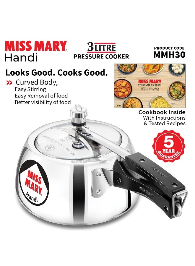 Hawkins 3Liters Miss Mary Aluminium Inner Lid Handi Pressure Cooker, Silver (MMH30) Silver - Image 5