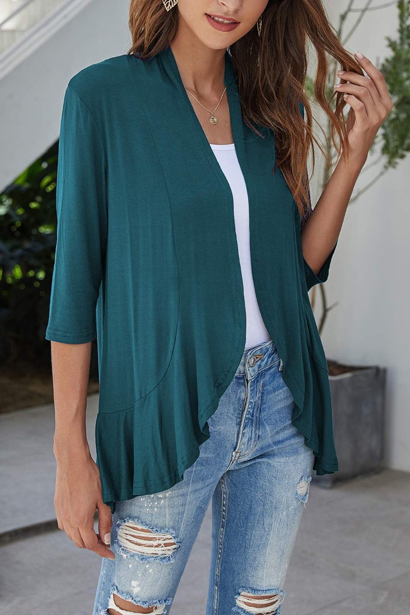 Bluetime Women Casual Lightweight Open Front Cardigans Soft Draped Ruffles 3/4 Sleeve Cardigan (L, Teal Blue) - Image 2