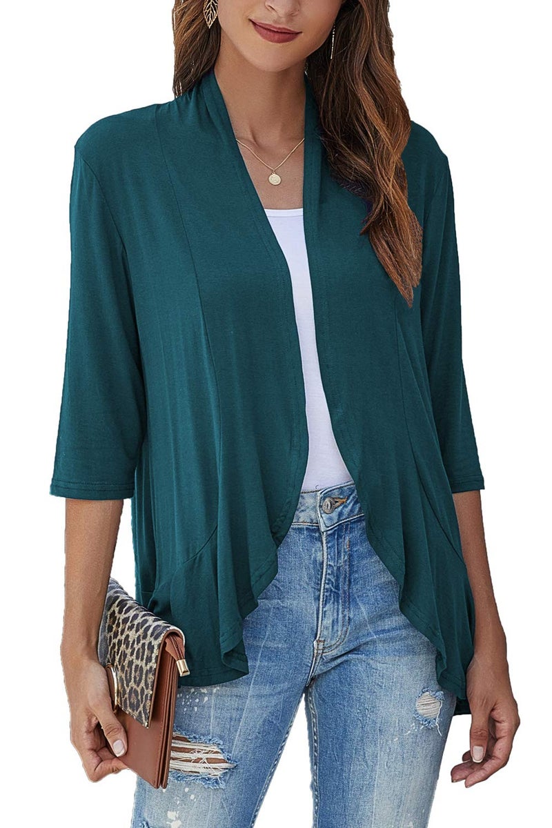Bluetime Women Casual Lightweight Open Front Cardigans Soft Draped Ruffles 3/4 Sleeve Cardigan (L, Teal Blue) - Image 1