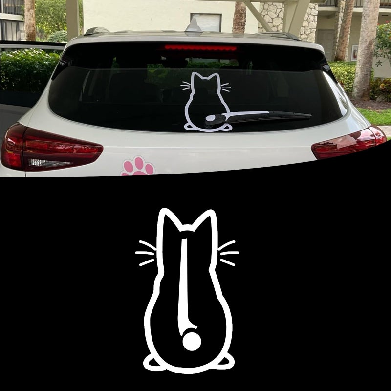 ijuicy Cute Cat Car Rear Windshield Wiper Decal Waterproof Vinyl Funny Cat Tail Waving Wiper Sticker Universal Car Decals for Outside of Car White - Image 3