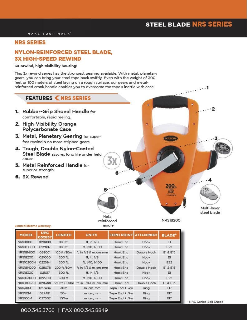 Keson NRS18200 Nylon-Reinforced Steel Blade Tape Measure, Speed Rewind (Graduations: ft., in. 1/8), 200-Foot, orange - Image 2