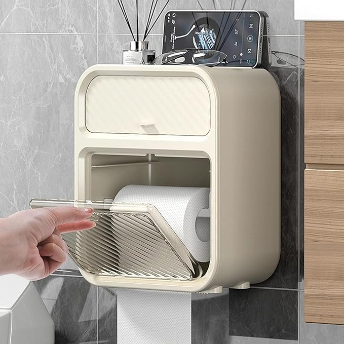DORATIK DORATIK Wall Mounted Tissue Storage Box Toilet Paper Box Dispenser with Phone Holder Organizer Drawer Bathroom Towel Period Trash Bag Multifunction Tissue Storage Box - Image 2