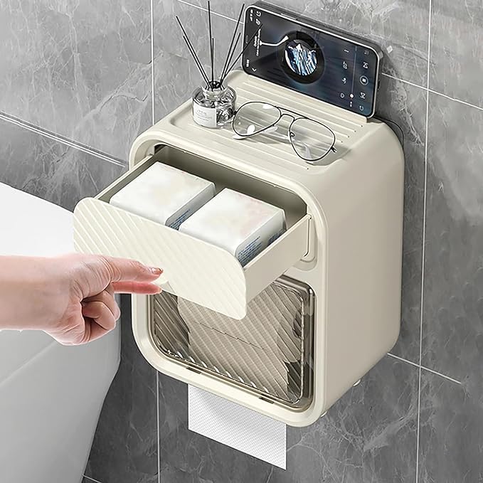 DORATIK DORATIK Wall Mounted Tissue Storage Box Toilet Paper Box Dispenser with Phone Holder Organizer Drawer Bathroom Towel Period Trash Bag Multifunction Tissue Storage Box - Image 1