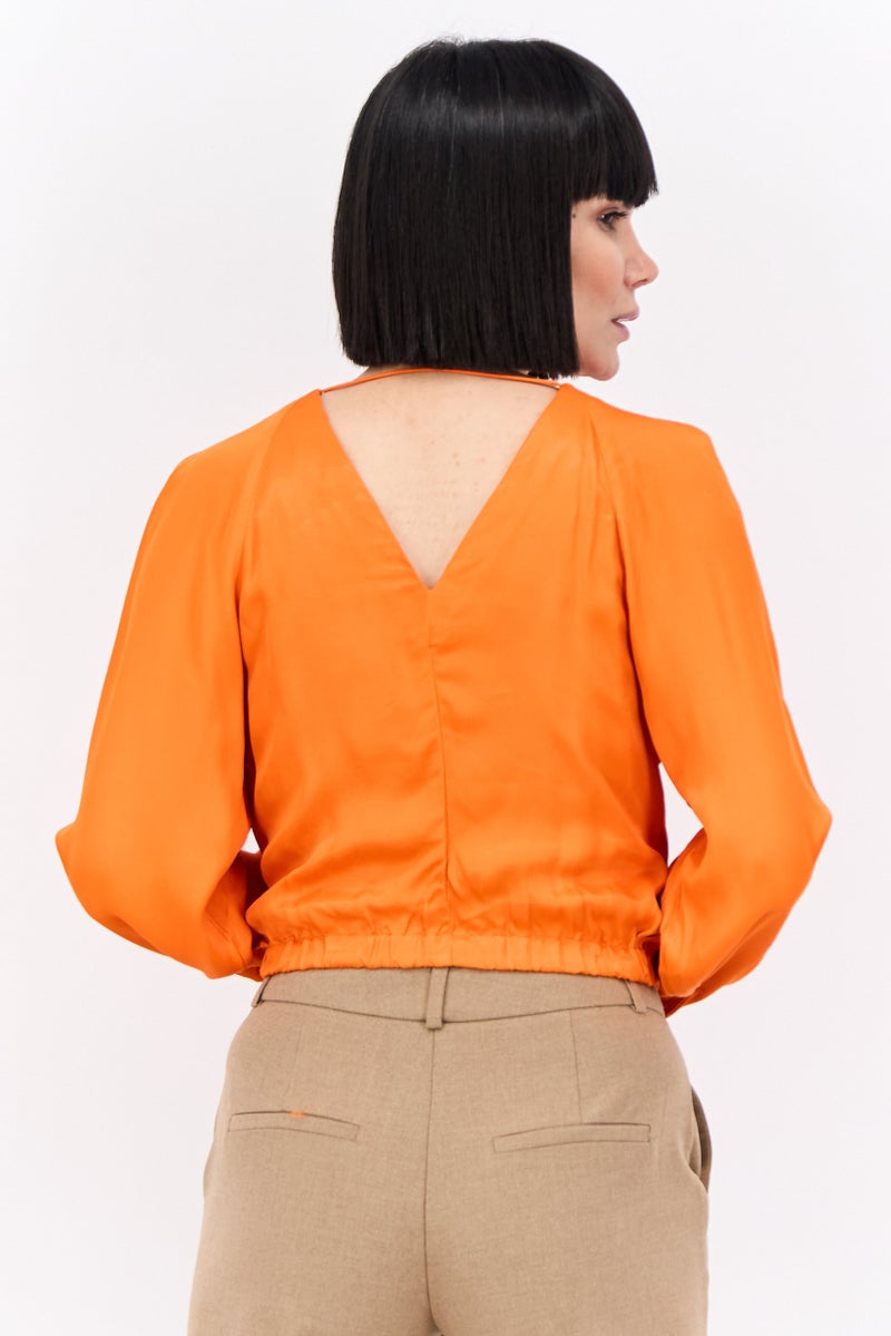 MANGO بلوزة نسائية بأكمام طويلة على شكل حرف V، برتقالية - Image 3