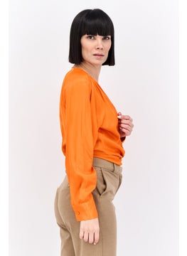 MANGO Women V-Neck Long Sleeves Plain Blouse, Orange  - Image 2