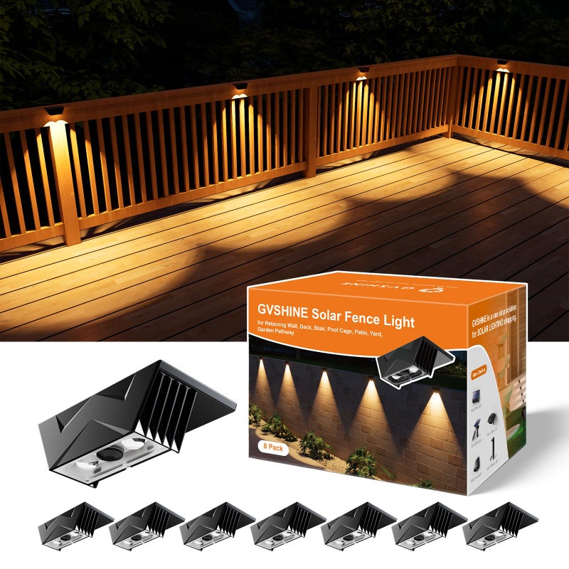GVSHINE 8 Pack Bright Solar Fence Lights Outdoor for Deck Railing Stair Retaining Wall Waterproof Led Accent Lamp Ambient Lighting with Spot Len for Patio House Pool Cage Garden Yard Warm White - Image 2