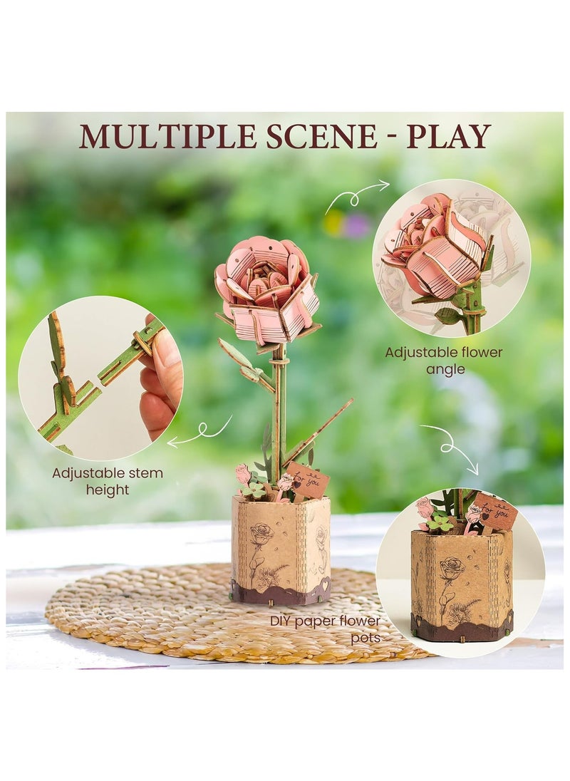 Robotime Rowood DIY Wooden Flower Pink Rose TW041 Premium 3D Puzzle Building Kits for Adults & Teens - Decorative Home Décor, Ramadan & Holiday Gift (Eid and Birthday) for Puzzle Enthusiasts, Stress Relief STEM Project  - Image 3