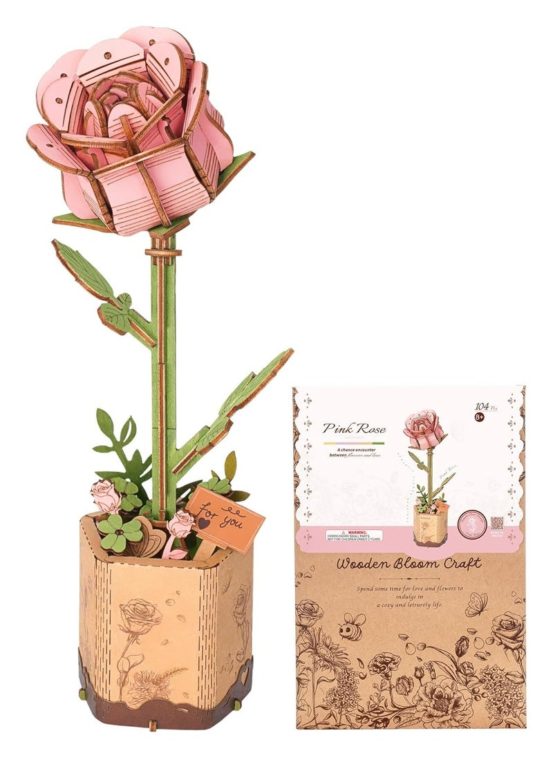 Robotime Rowood DIY Wooden Flower Pink Rose TW041 Premium 3D Puzzle Building Kits for Adults & Teens - Decorative Home Décor, Ramadan & Holiday Gift (Eid and Birthday) for Puzzle Enthusiasts, Stress Relief STEM Project  - Image 1
