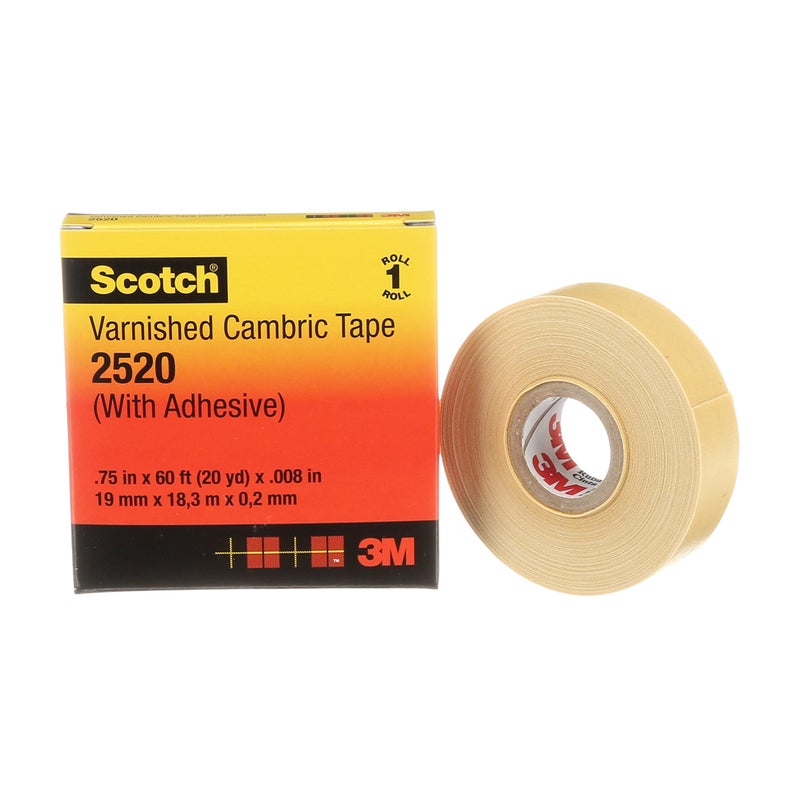 3M Scotch Varnished Cambric Tape 2520, Flexible, Electrically Insulating, Moisture Resistant, Smooth Finish, Yellow Color, 8 mil, 3/4 in x 60 ft, 1 Roll/Carton, 20 Rolls/Case - Image 1