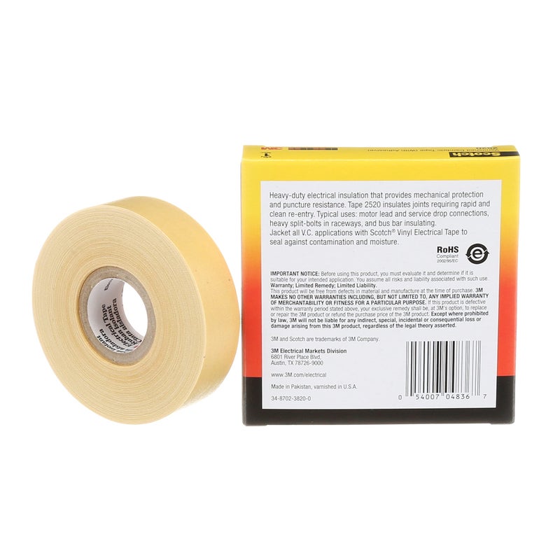 3M Scotch Varnished Cambric Tape 2520, Flexible, Electrically Insulating, Moisture Resistant, Smooth Finish, Yellow Color, 8 mil, 3/4 in x 60 ft, 1 Roll/Carton, 20 Rolls/Case - Image 2