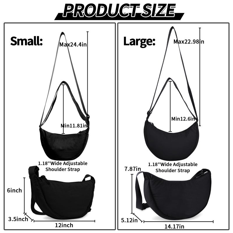 EVGLOW Nylon Crescent Crossbody Bag for Women Purses Trendy Men,Small Travel Sling Bag Hobo,Lightweight Fanny Pack with Zipper Adjustable Strap,Round Soft Shoulder Bag for Everyday Use Work Sport(Black)1 - Image 2