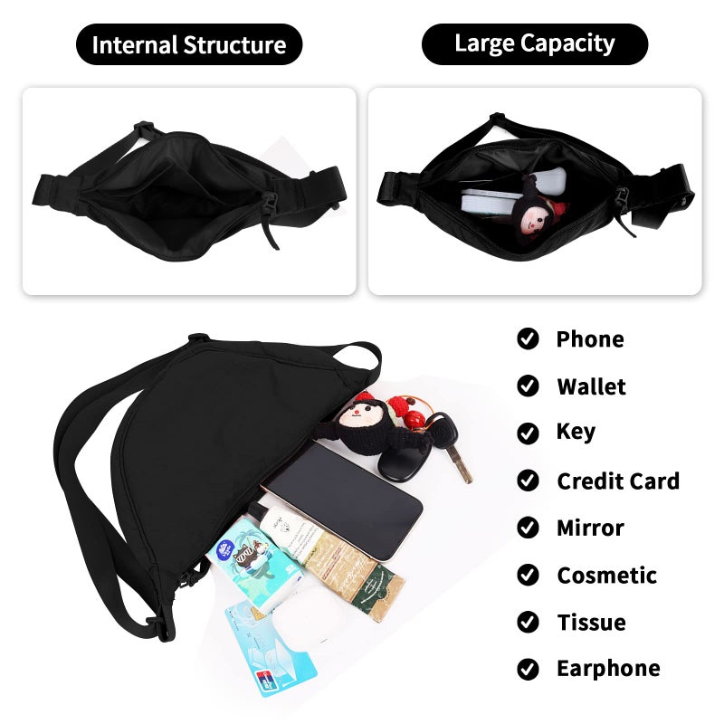 EVGLOW Nylon Crescent Crossbody Bag for Women Purses Trendy Men,Small Travel Sling Bag Hobo,Lightweight Fanny Pack with Zipper Adjustable Strap,Round Soft Shoulder Bag for Everyday Use Work Sport(Black)1 - Image 4