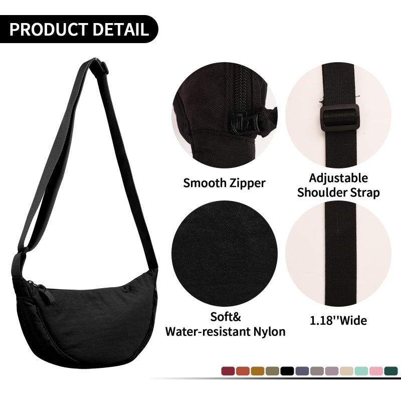EVGLOW Nylon Crescent Crossbody Bag for Women Purses Trendy Men,Small Travel Sling Bag Hobo,Lightweight Fanny Pack with Zipper Adjustable Strap,Round Soft Shoulder Bag for Everyday Use Work Sport(Black)1 - Image 3