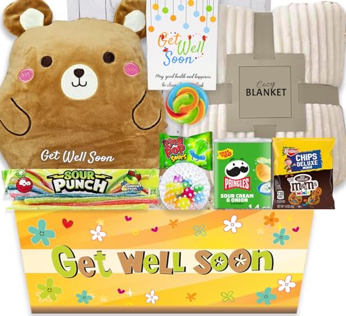 Beyond The Box KIDS GET WELL SOON care package gift, Squooshy pillow, Cozy Blanket, Candy Snacks gift basket & Greeting card, gift for kids children boy/girl, Feel better soon, home or hospital recovery - Image 1
