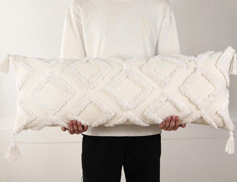 PANOD Decorative Long Lumbar Pillow Cover 14x36 BohoSuper Soft Chenille Extra Long Lumbar Pillow Case Cover with Tassel for Bed Sofa Couch Farmhouse LivingroomWhiteModern Skinny