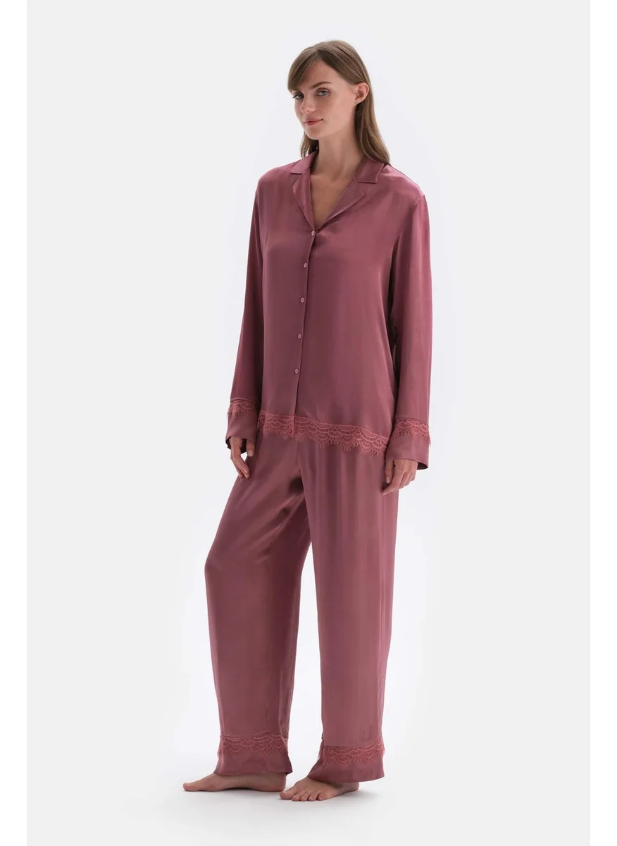 داجي Dusty Rose Lace Detailed Woven Shirt