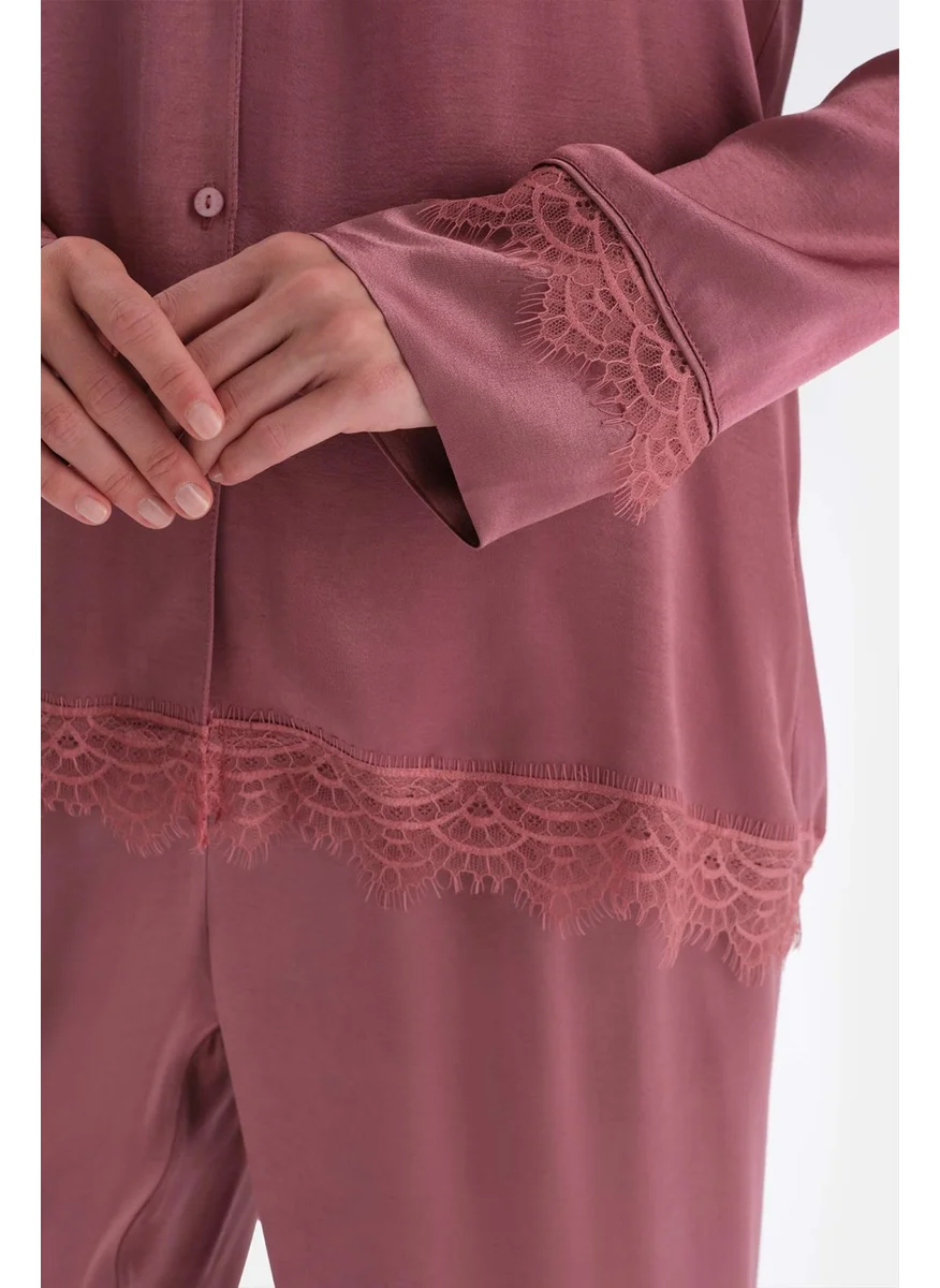 داجي Dusty Rose Lace Detailed Woven Shirt
