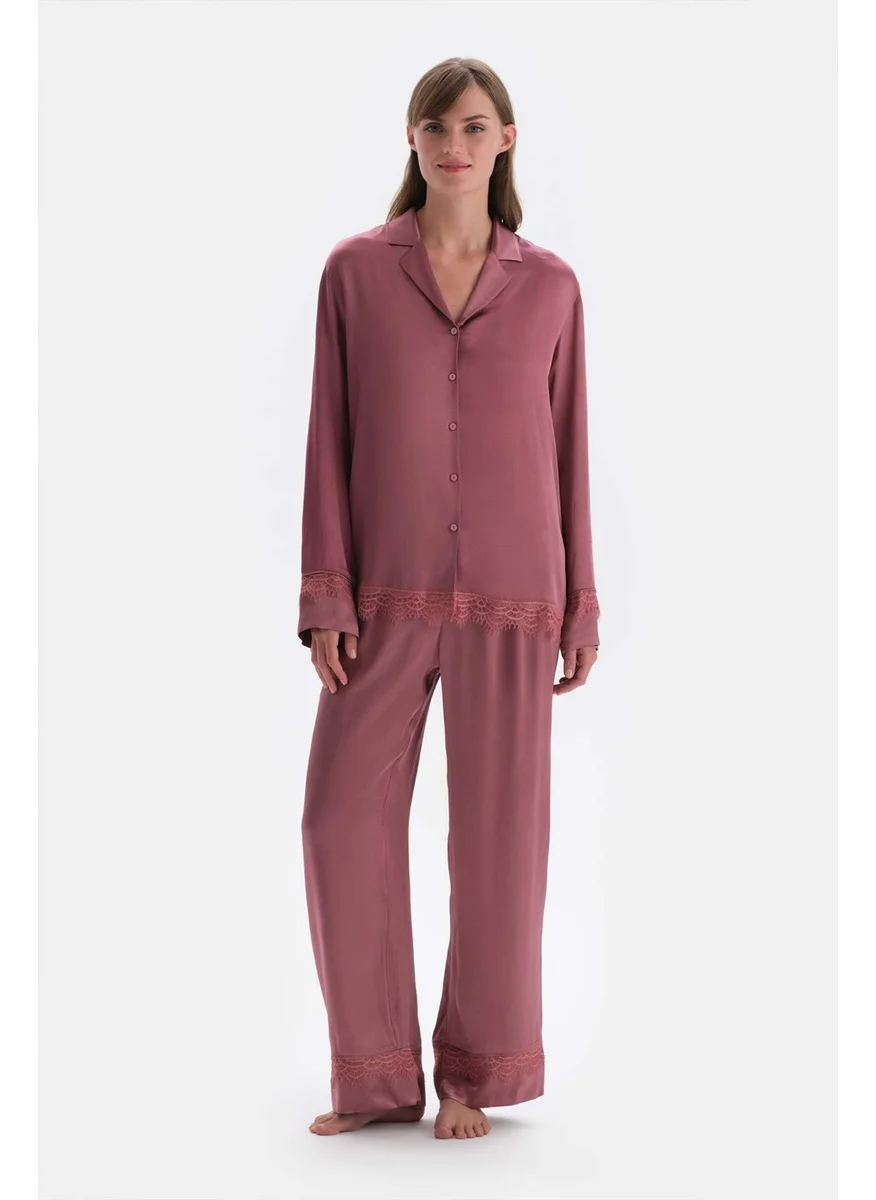 داجي Dusty Rose Lace Detailed Woven Shirt