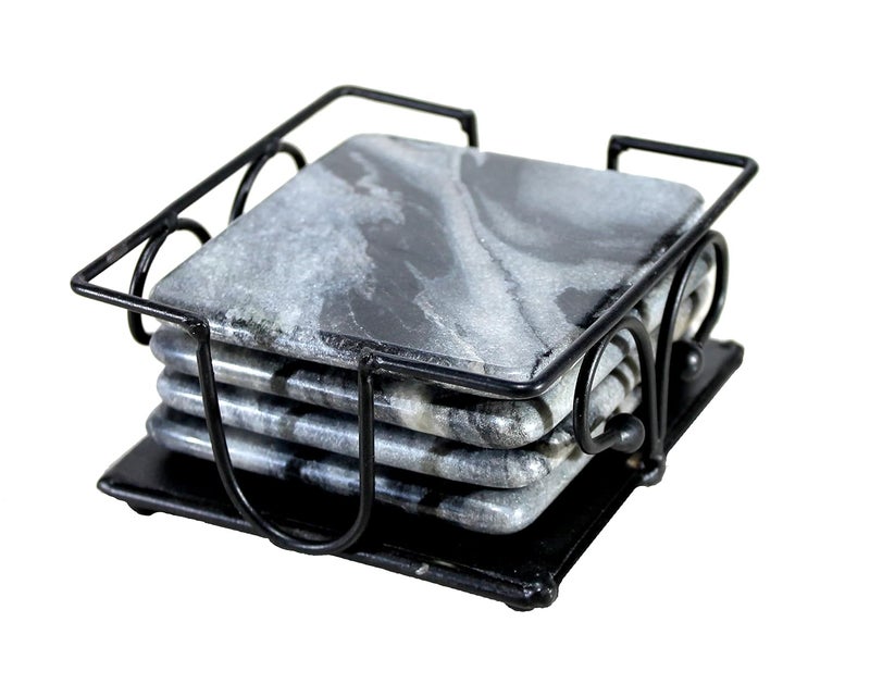 KLEO Stone Coasters Coaster Set Coasters with Wrought Iron Holder Square Grey Colour - Image 1