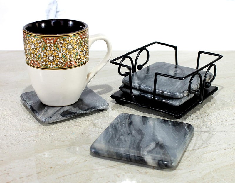 KLEO Stone Coasters Coaster Set Coasters with Wrought Iron Holder Square Grey Colour - Image 2