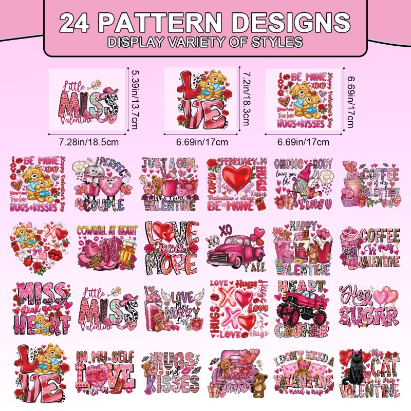 Shejdgart Dtf Transfers Ready to Press - 24 Pcs Vintage Valentines Day Iron on Patches for T-Shirts, Love Heart Bear Iron on Stickers Pink Heat Transfer Vinyl Decals for DIY Fabric Clothes Decor - Image 2