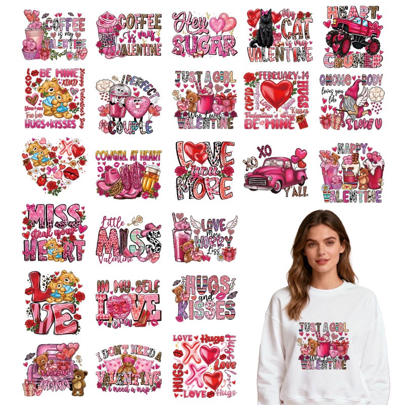 Shejdgart Dtf Transfers Ready to Press - 24 Pcs Vintage Valentines Day Iron on Patches for T-Shirts, Love Heart Bear Iron on Stickers Pink Heat Transfer Vinyl Decals for DIY Fabric Clothes Decor - Image 1