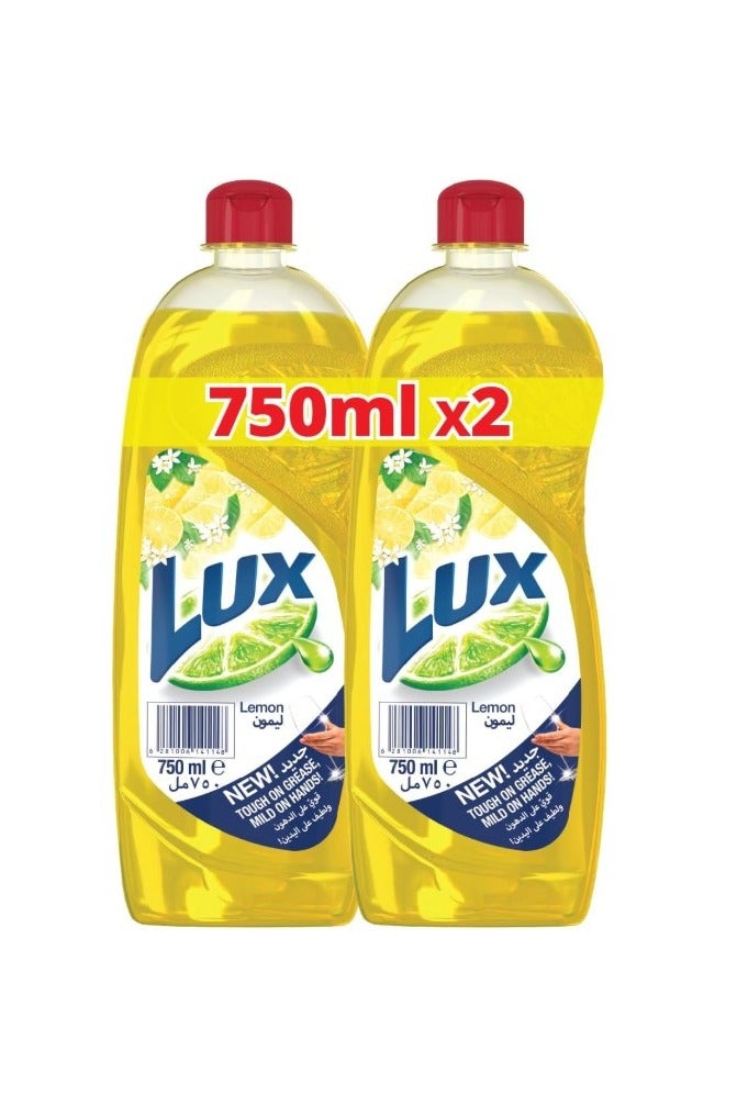 LUX Dishwash Liquid, for sparkling clean dishes, Lemon, tough on grease, mild on hands, 2 x 750ml