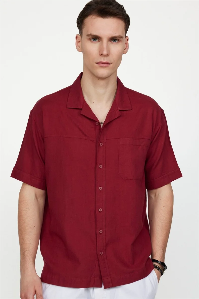 تودورس Relax Fit Side Slit Open Collar Linen Effect Claret Red Shirt